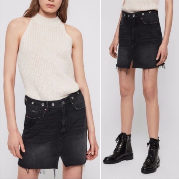 All Saints Lila Black Denim Grommet Frayed Hem Mini Skirt size 10 - Picture 5 of 5